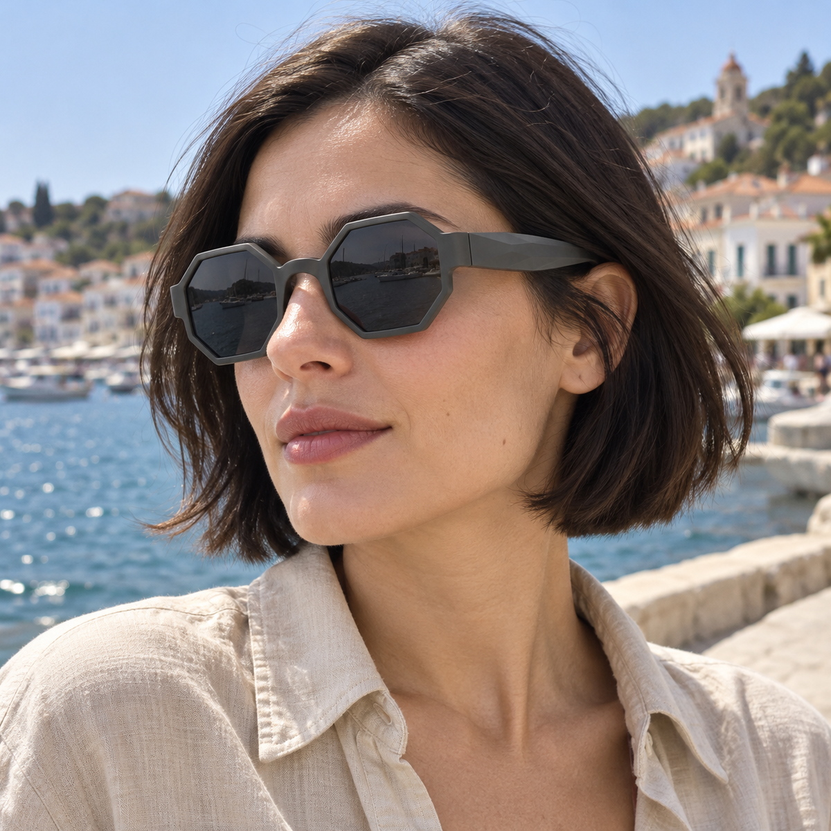 Faceted Octagonal Sunglasses - Charcoal Grey
