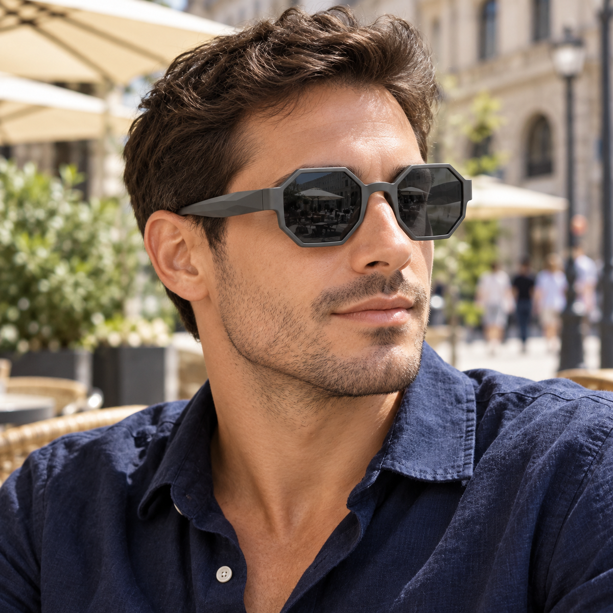 Faceted Octagonal Sunglasses - Charcoal Grey