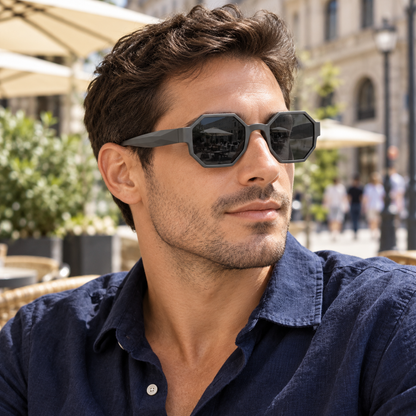 Faceted Octagonal Sunglasses - Charcoal Grey