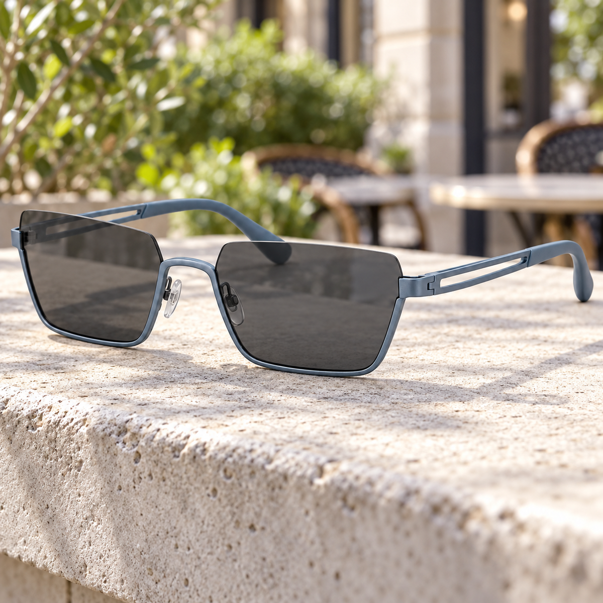 Open-Temple Trapezoid Sunglasses - Mist Blue-Grey