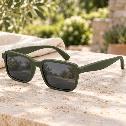 Stepped-Corner Rectangular Sunglasses - Deep Olive