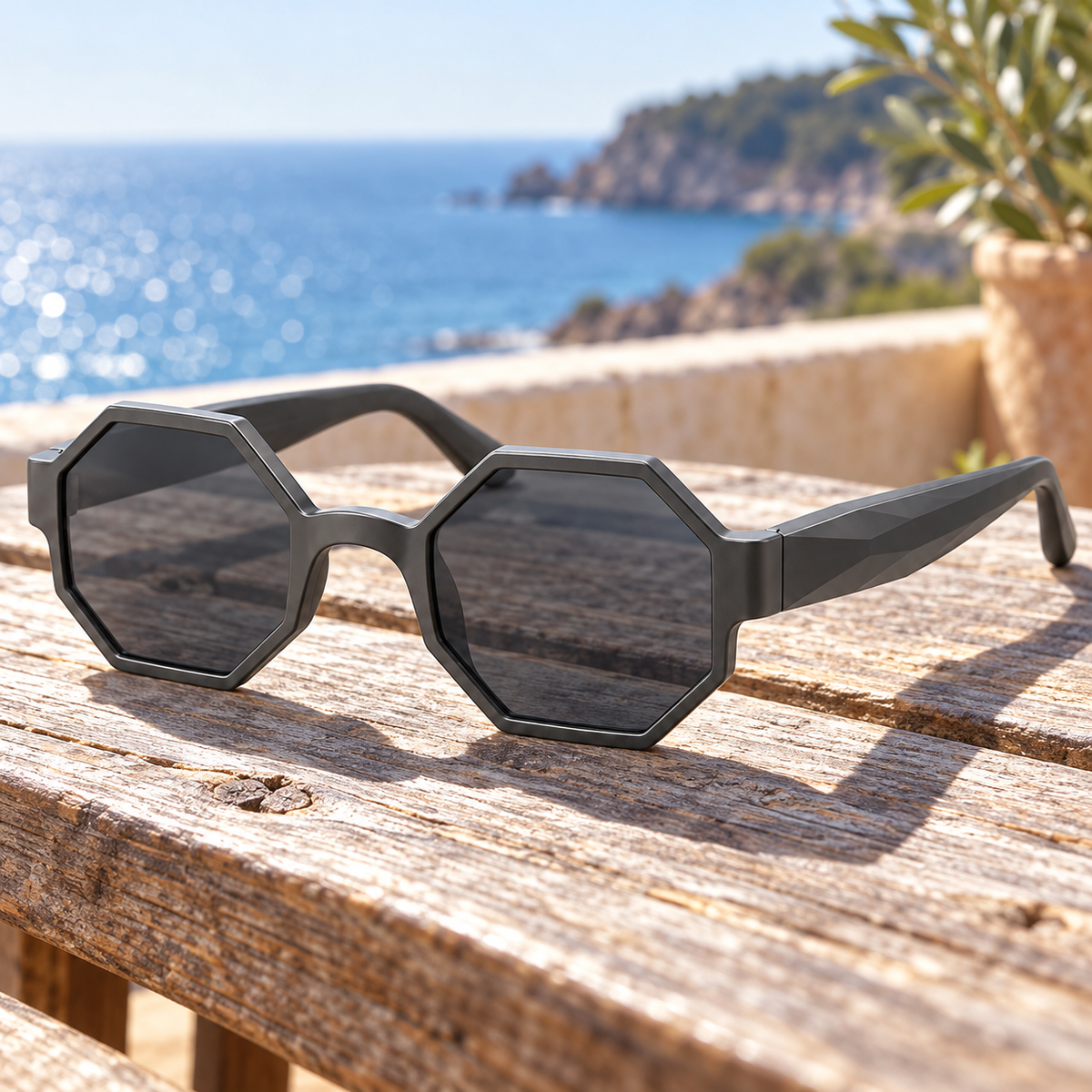 Faceted Octagonal Sunglasses - Charcoal Grey